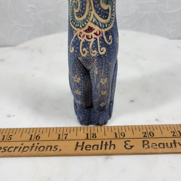 VTG Wooden Cat Shelf Sitter 6" Blue Hand Made Carved Painted Paisley Floral - Picture 15 of 16